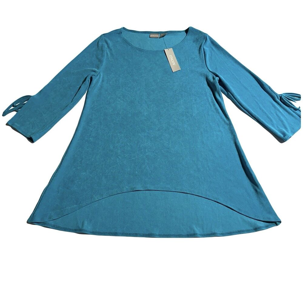 Chicos Travelers 0 Slinky Top Tie Sleeve Hi-Low Tunic Womens US S Small Blue NWT